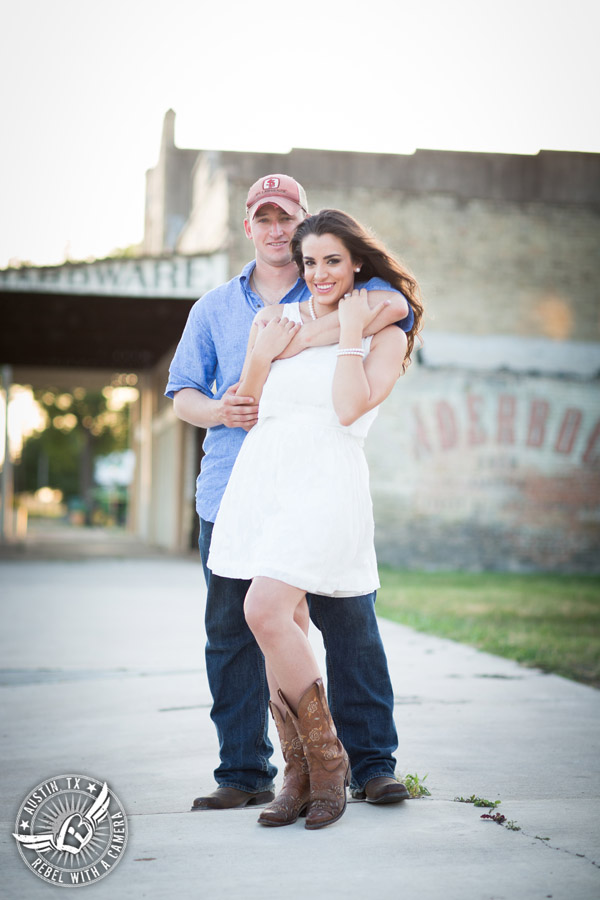 Army engagement session in Texas bride and groom in rustic country town