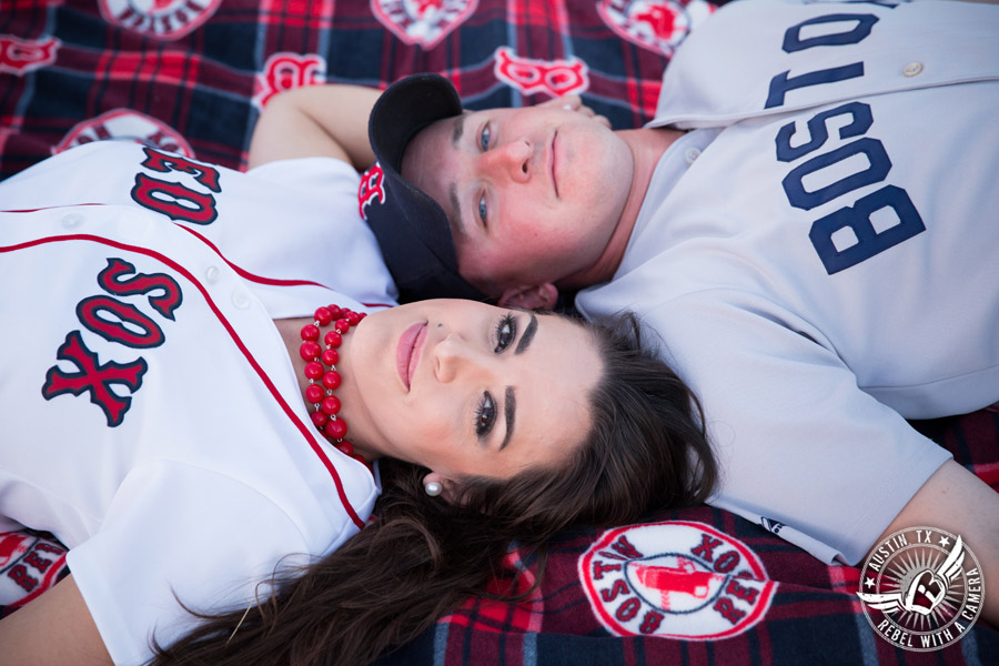 Army engagement session bride and groom Boston Red Sox baseball fans