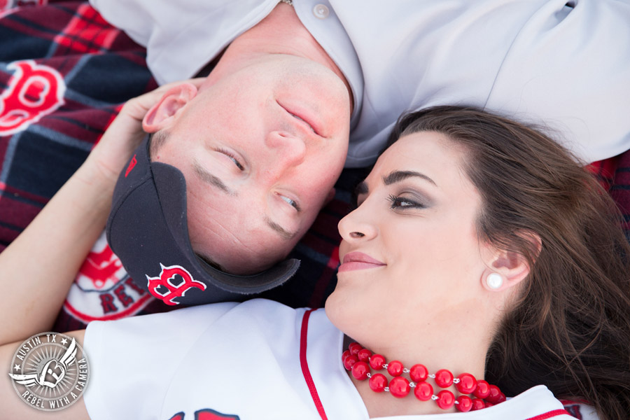 Army engagement session bride and groom Boston Red Sox baseball fans