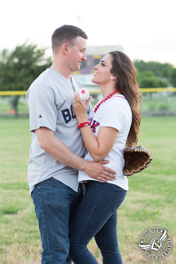 Army engagement session bride and groom Boston Red Sox baseball fans