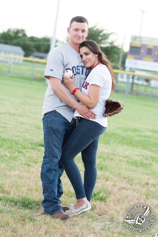 Army engagement session bride and groom Boston Red Sox baseball fans