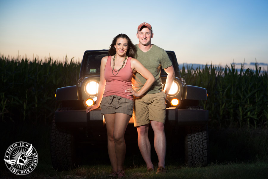 Army engagement session in Texas bride and groom in jeep on country road