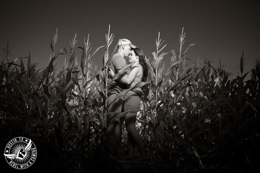 Army engagement session in Texas bride and groom in corn field