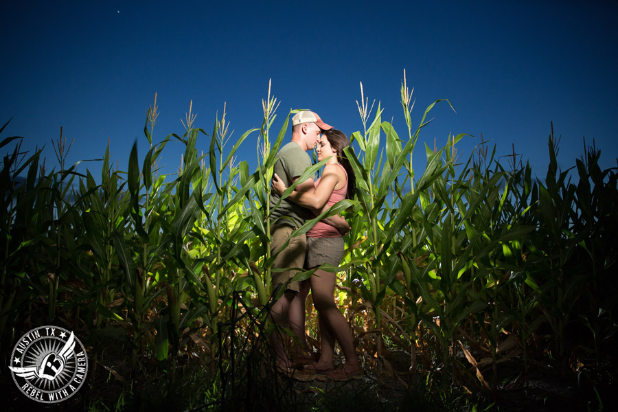 Army engagement session in Texas bride and groom in corn field