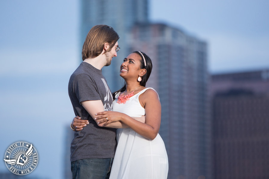 Fun Butler Park engagement session with Austin skyline