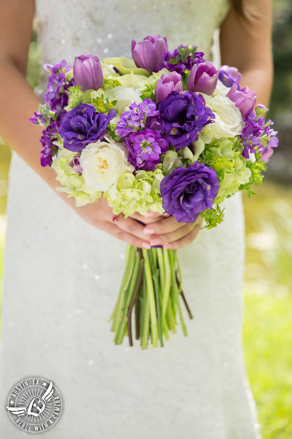 Sage Hall wedding photos at Texas Old Town purple bouquet with tulips, roses, hydrangea, calla lillies, and stock from STEMS Floral Design