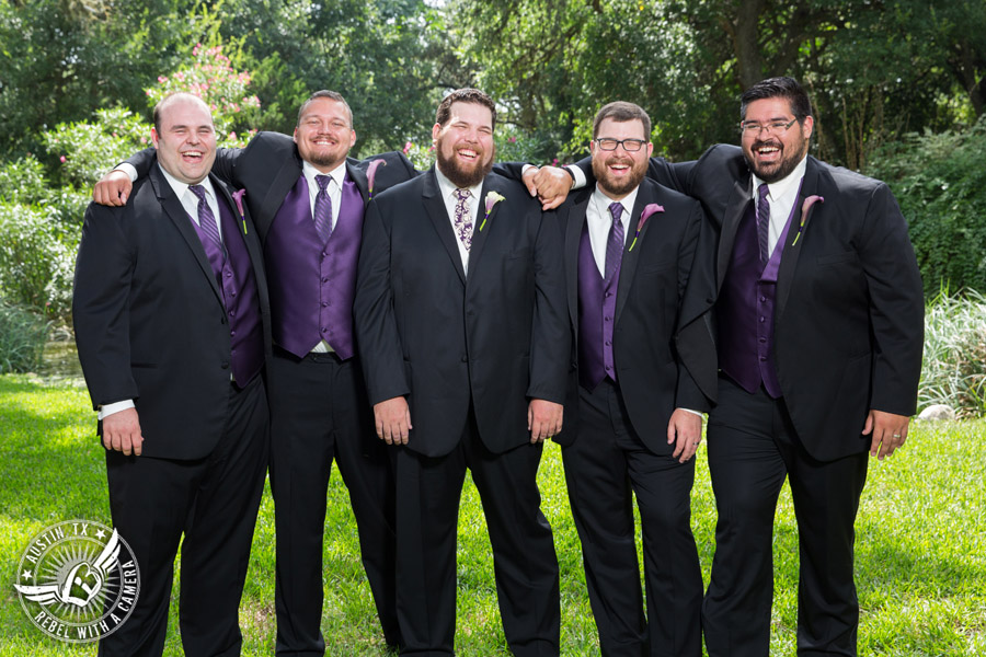 Sage Hall wedding photos at Texas Old Town groom and groomsmen in purple vests with calla lily boutonnieres from STEMS Floral Design