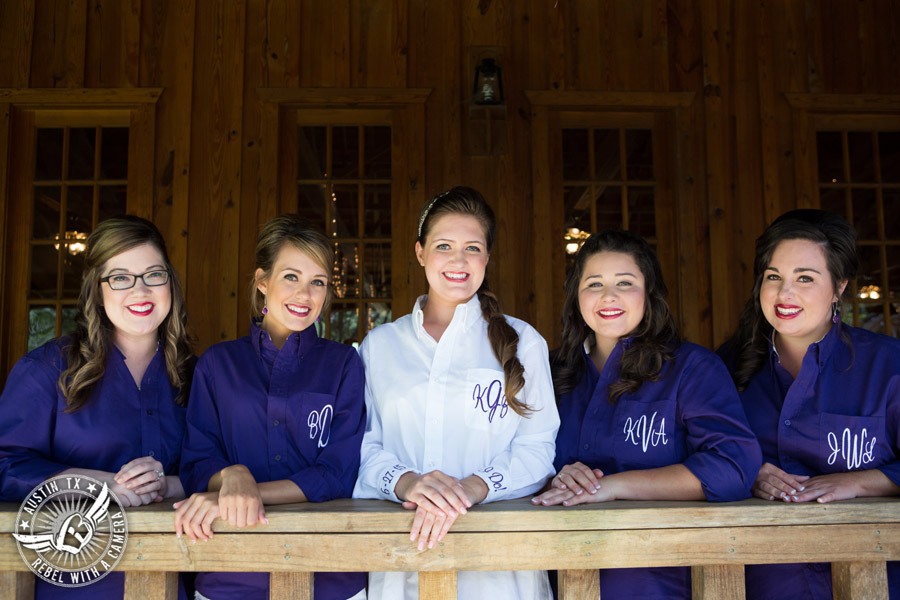 Sage Hall wedding photos at Texas Old Town bride and bridesmaids in monogrammed shirts