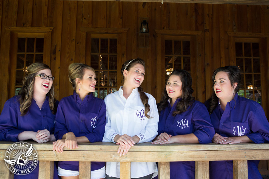 Sage Hall wedding photos at Texas Old Town bride and bridesmaids in monogrammed shirts