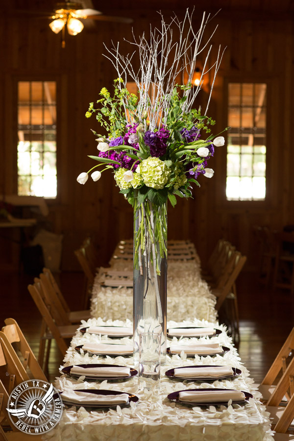 Sage Hall wedding photos at Texas Old Town head table floral centerpiece by STEMS Floral Design