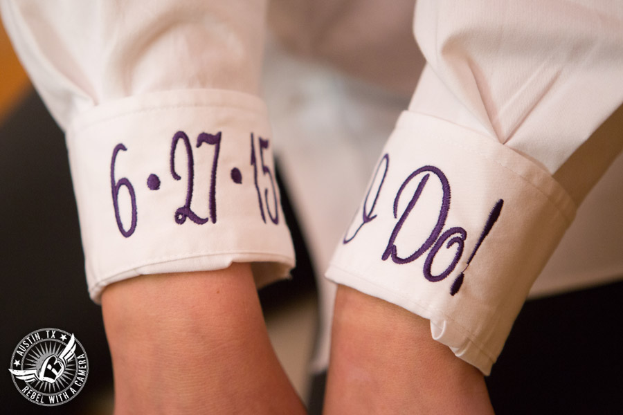 Sage Hall wedding photos at Texas Old Town embroidered shirt for the bride with wedding date and I Do