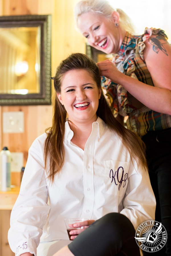 Sage Hall wedding photos at Texas Old Town bride getting hair done by Ritual Salon in bridal room 