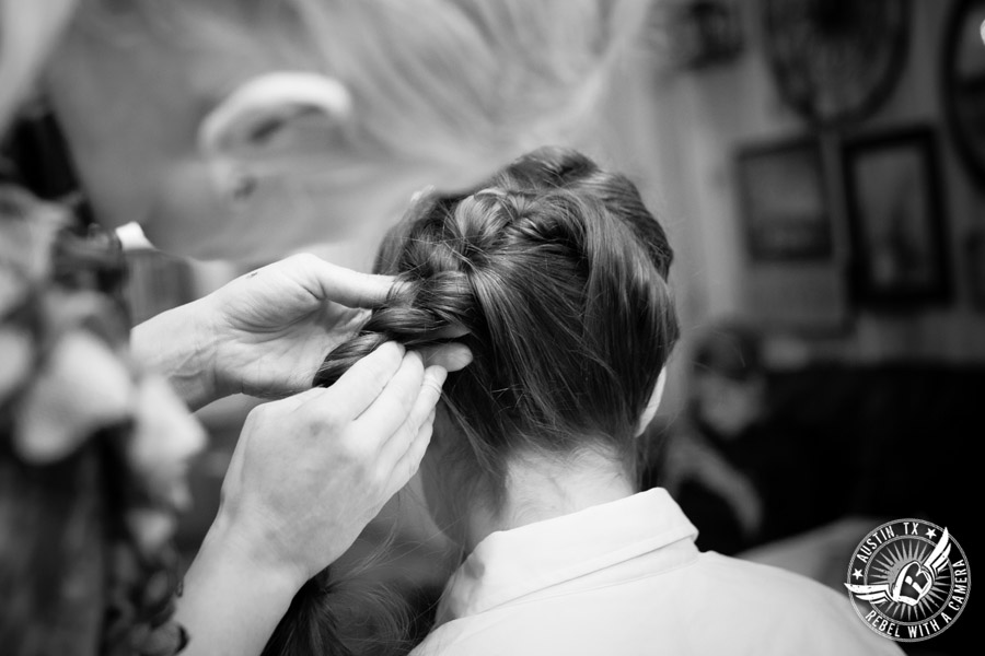 Sage Hall wedding photos at Texas Old Town bride getting hair done by Ritual Salon in bridal room 