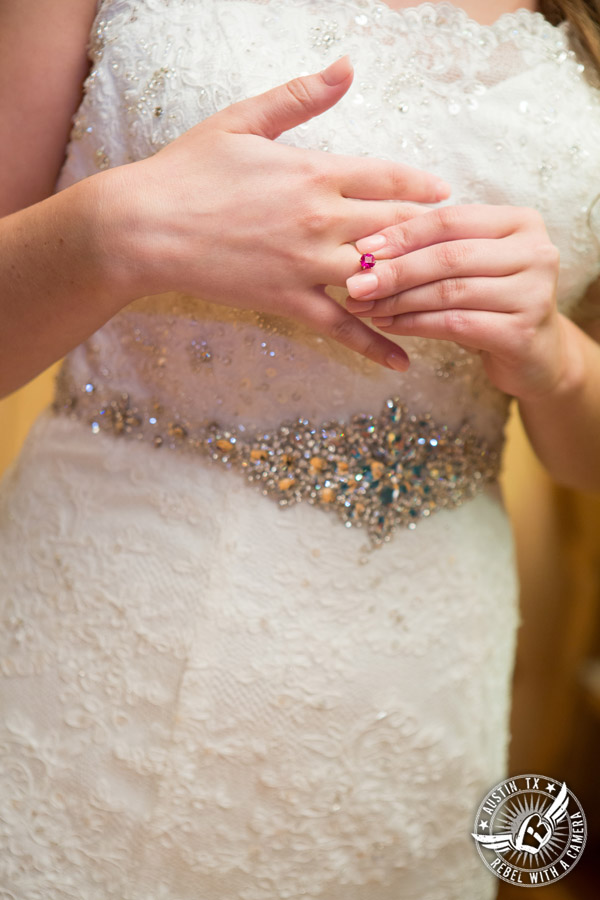 Sage Hall wedding photos at Texas Old Town bride with ruby ring in bridal room