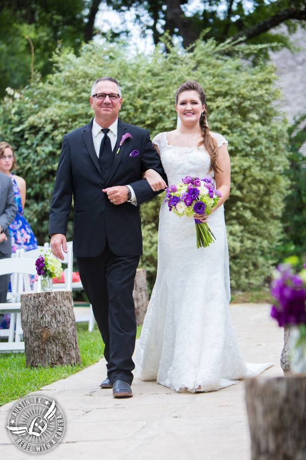 Sage Hall wedding photos at Texas Old Town bride and her father coming down aisle at ceremony site