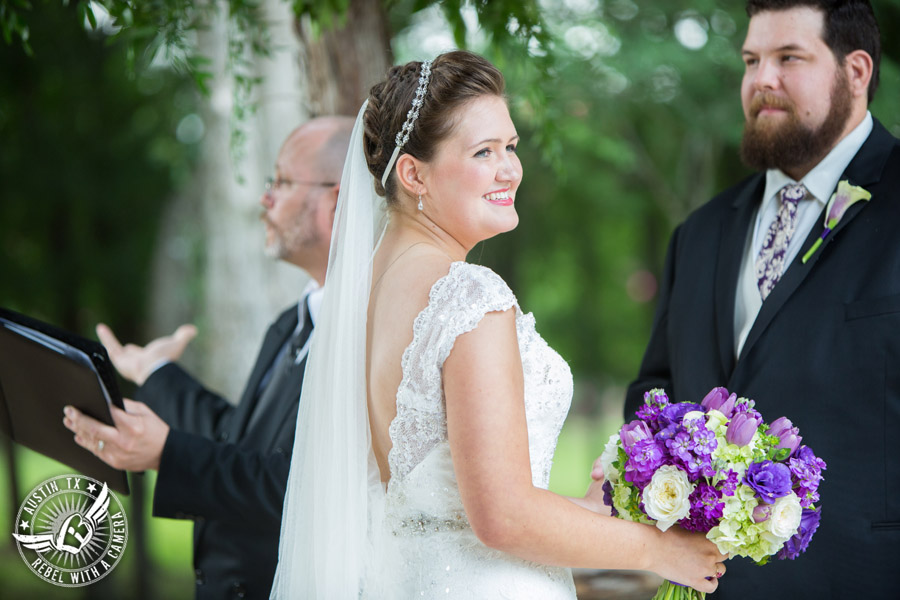 Sage Hall wedding photos at Texas Old Town happy bride during the wedding ceremony