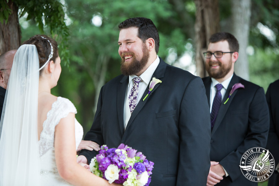 Sage Hall wedding photos at Texas Old Town happy groom during the wedding ceremony