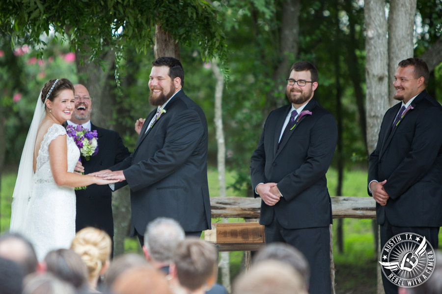 Sage Hall wedding photos at Texas Old Town happy bride and groom during the wedding ceremony