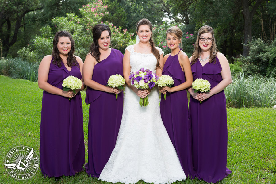 Sage Hall wedding photos at Texas Old Town bride and bridesmaids in purple dresses with bouquets from STEMS Floral Design