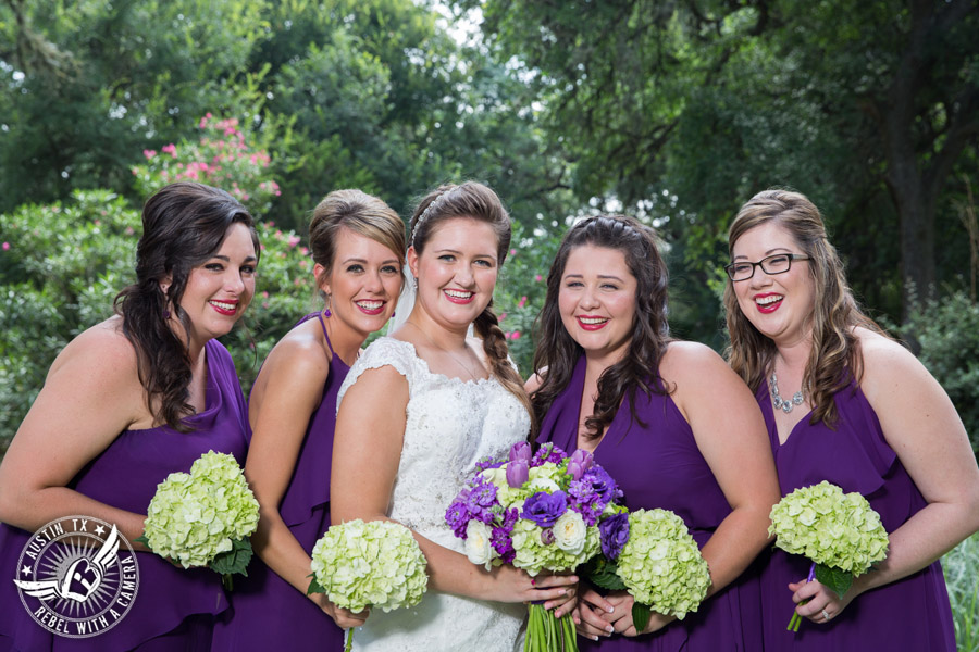 Sage Hall wedding photos at Texas Old Town bride and bridesmaids in purple dresses with bouquets from STEMS Floral Design