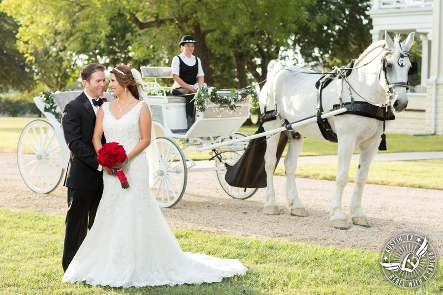 Taylor Mansion wedding photo of bride and groom with Angeli Carriages and red rose bouquet