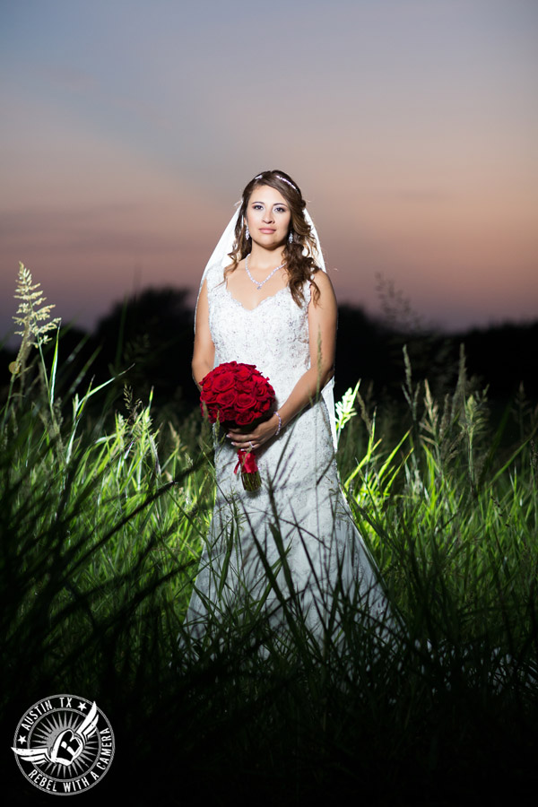 Taylor Mansion wedding photo of bride in field at sunset with red rose bouquet