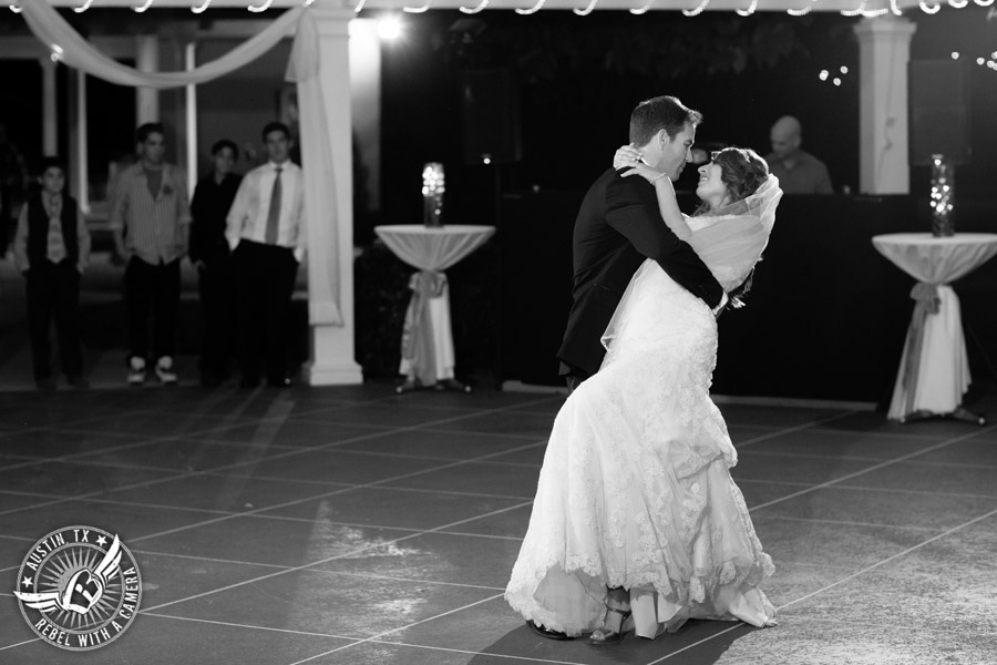 Taylor Mansion wedding photo bride and groom first dance on the patio