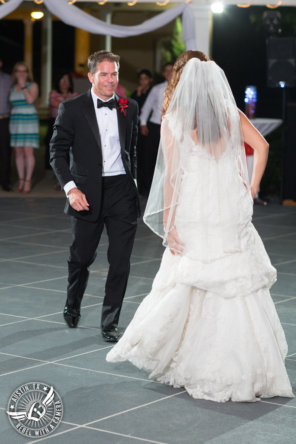 Taylor Mansion wedding photo bride and groom first dance on the patio