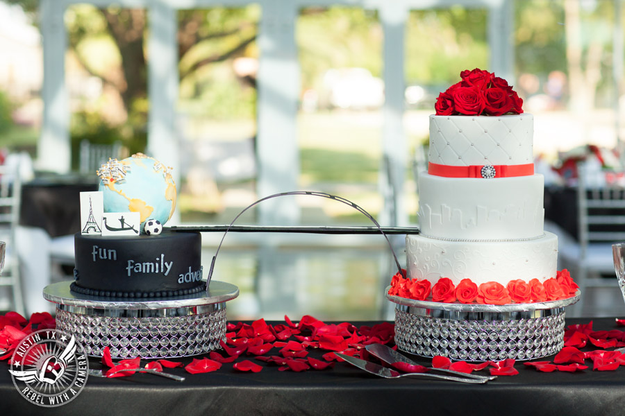 Taylor Mansion wedding photo bride's cake with red roses and travel globe groom's cake by Sweet Life of Cakes