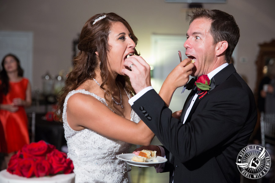 Taylor Mansion wedding photo bride and groom eat cake by Sweet Life of Cakes