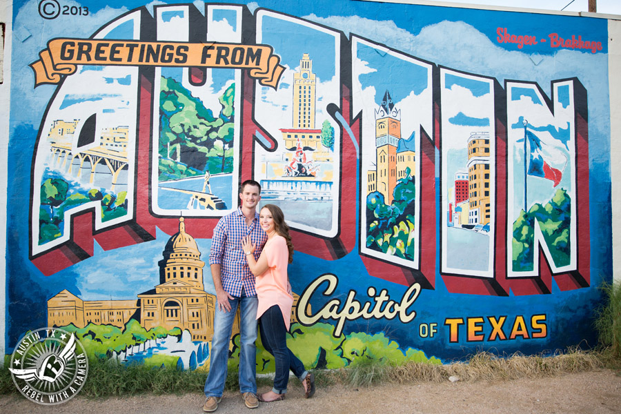 South Austin engagement session at Greetings from Austin mural