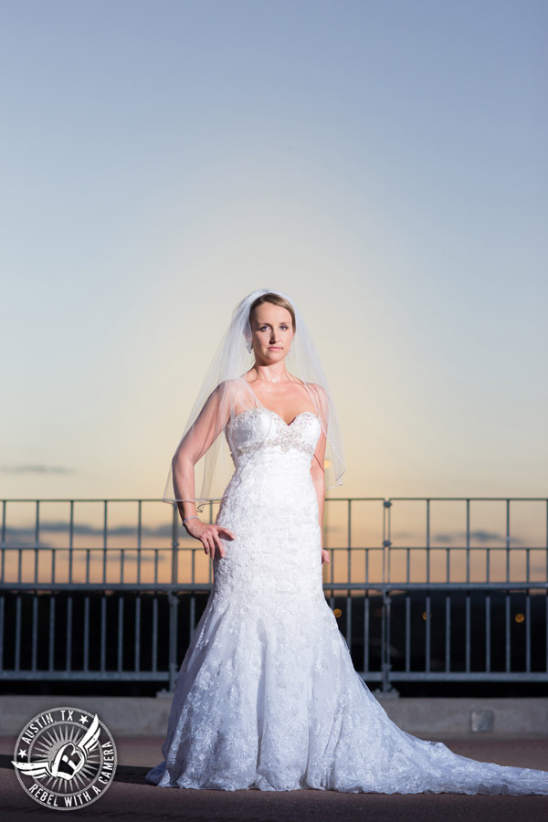 Bridal portraits on the Lamar Pedestrian Bridge in Downtown Austin, Texas.