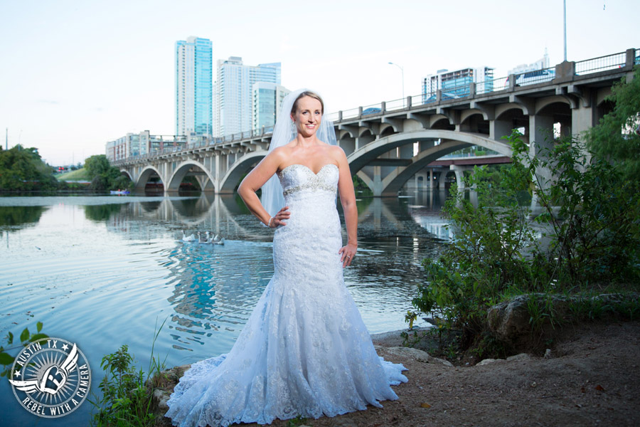 Bridal portraits on the Lady Bird Lake Hike and Bike Trail in Downtown Austin, Texas.
