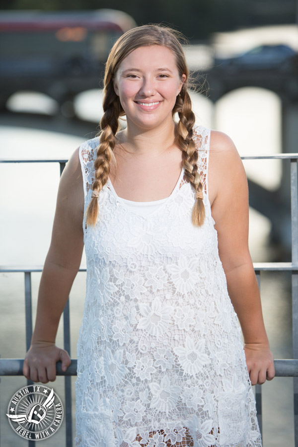 Fun senior portraits on the Lamar Pedestrian Bridge in downtown Austin, Texas.