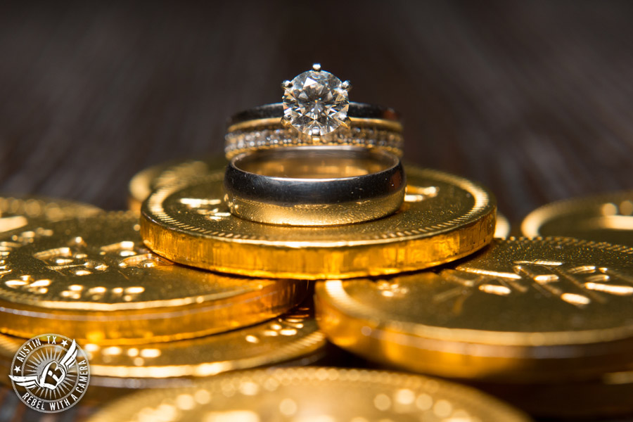 Austin wedding photographer at Olive and June - wedding ring shot with gold coins