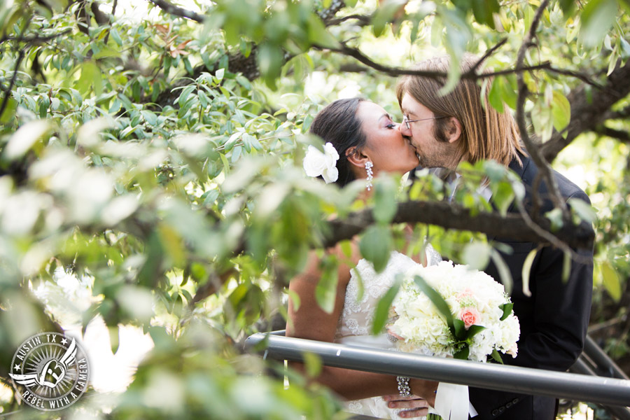 Austin wedding photographer at Olive and June - bride and groom in the trees