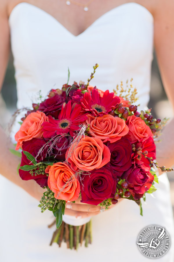 Hamilton Twelve wedding photos - red and orange rose and gerbera daisy bridal bouquet by the Flower Girl