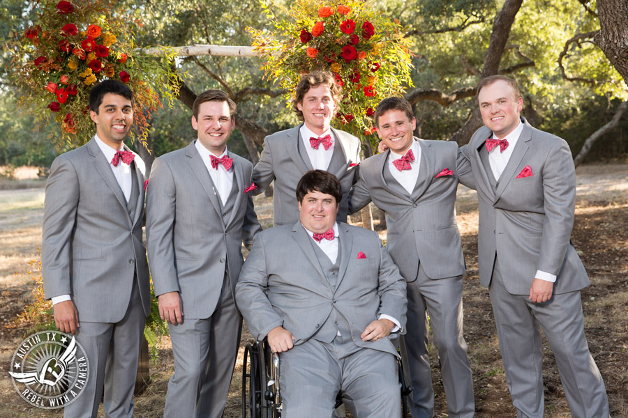 Hamilton Twelve wedding photos - groom and groomsmen in grey suits and pink bowties