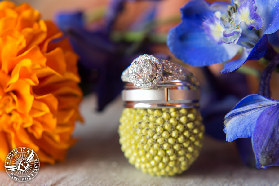 Wedding pictures at Thurman's Mansion at the Salt Lick - wedding ring shot on flowers by Verbena Floral Design