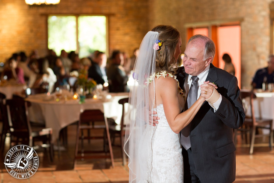 Wedding pictures at Thurman's Mansion at the Salt Lick - bride dances with father at the wedding reception - Live Oak DJ