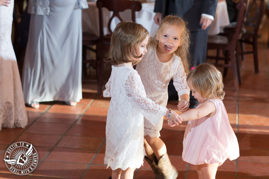 Wedding pictures at Thurman's Mansion at the Salt Lick - flower girls dance at the wedding reception - Live Oak DJ