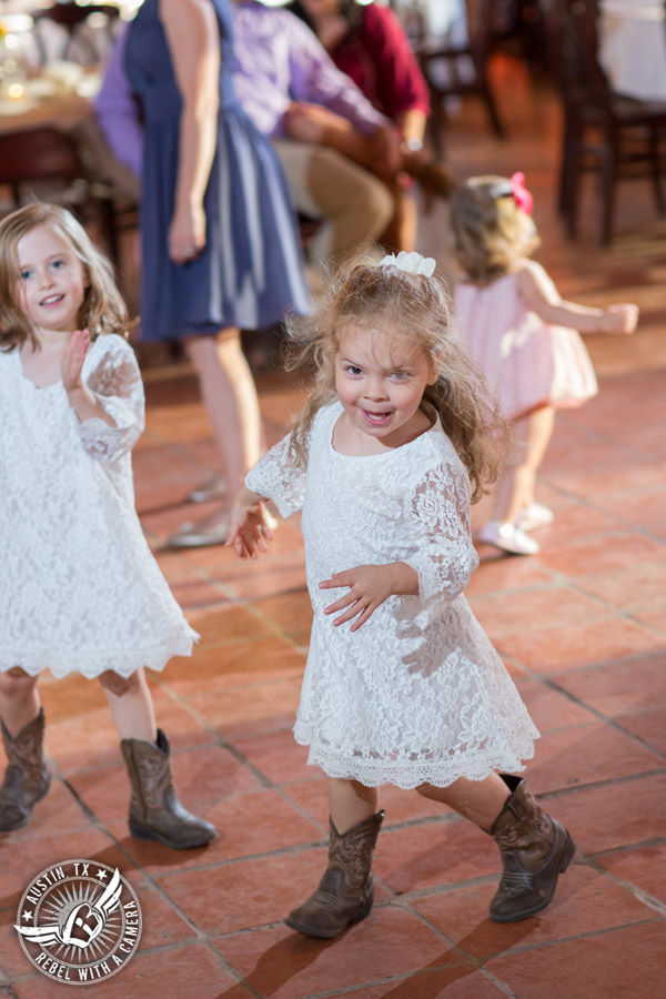 Wedding pictures at Thurman's Mansion at the Salt Lick - flower girls dance at the wedding reception - Live Oak DJ