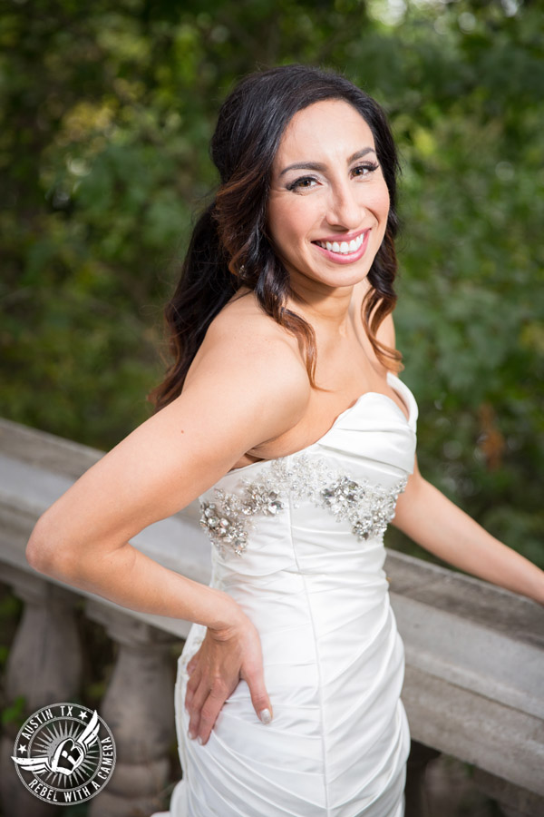 Dramatic bridal portraits at Laguna Gloria the Contemporary Austin with bridal hair styling by Sirens Salon.