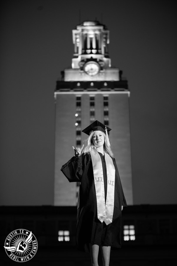 Longhorn graduation portraits on the University of Texas campus in Austin in front of the UT Tower