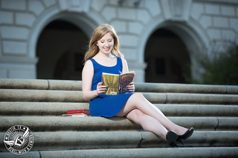 Longhorn graduation portraits on the UT campus in Austin, Texas