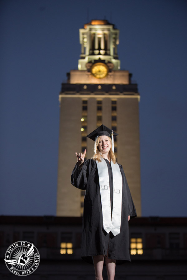 Longhorn graduation portraits on the University of Texas campus in Austin in front of the UT Tower