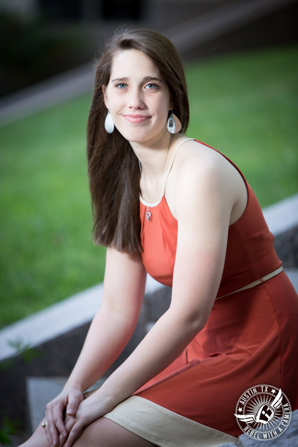 Longhorn graduation pictures on the UT Austin campus - burnt orange sundress