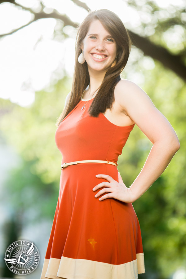 Longhorn graduation pictures on the UT Austin campus - burnt orange sundress