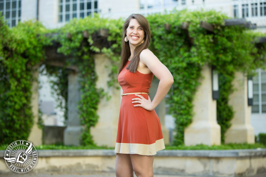 Longhorn graduation pictures on the UT Austin campus - burnt orange sundress