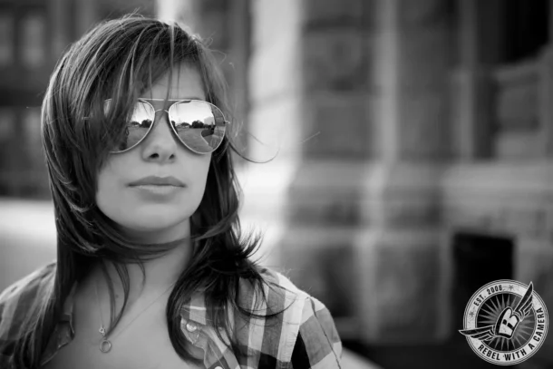 Black and white Lauren Austin senior portrait with sunglasses in Austin, TX.